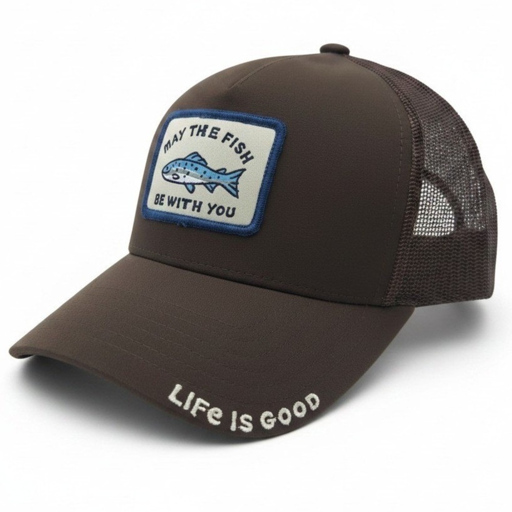 Life is Good Mens Brown May The Fish Be With You Trucker Hat UPF 50+ Snapback